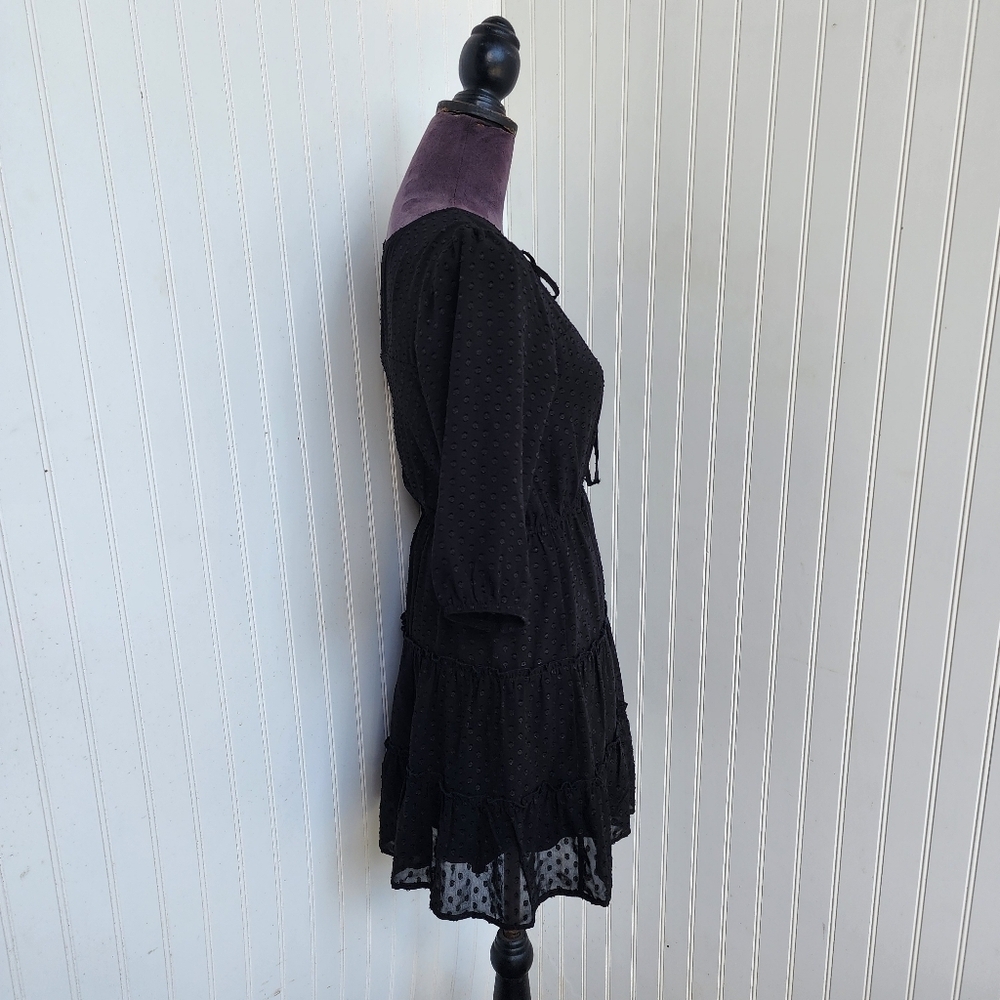 Speechless Women's Black Swiss Dot Tie Neck Mini 3/4 Sleeve Dress Sz S - Picture 13 of 13